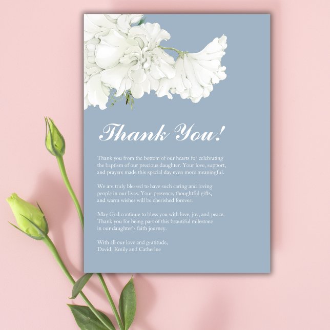 Elegant White Floral Dusty Blue Baptism Thank You Card (Elegant White Floral Dusty Blue Baptism Thank You Card)