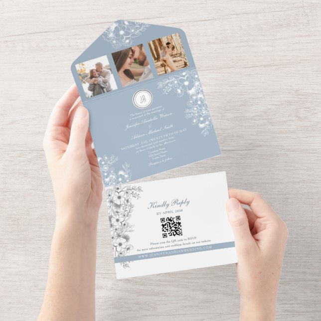 Elegant White Floral Dusty Blue Wedding All In One Invitation (Tearaway)