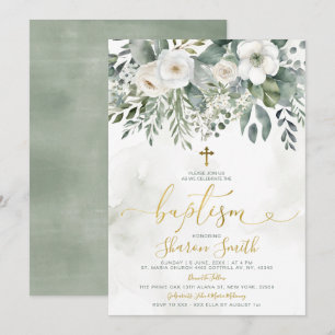 Elegant White Floral Eucalyptus Baptism Gold Cross Invitation