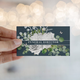 Elegant White Floral & Eucalyptus Funeral Director Business Card