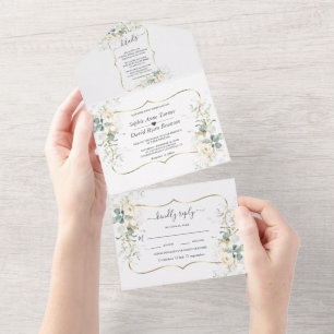 Elegant White Floral Eucalyptus Gold Wedding All In One Invitation