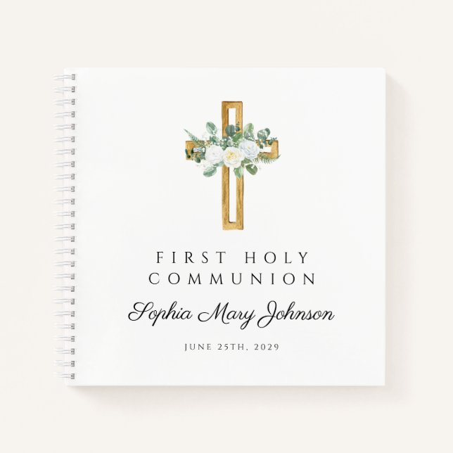 Elegant White Floral First Communion Guestbook Notebook (Front)