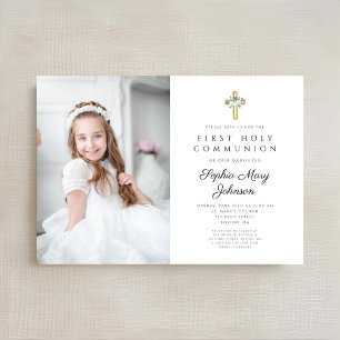 Elegant White Floral Girl First Communion Photo Invitation