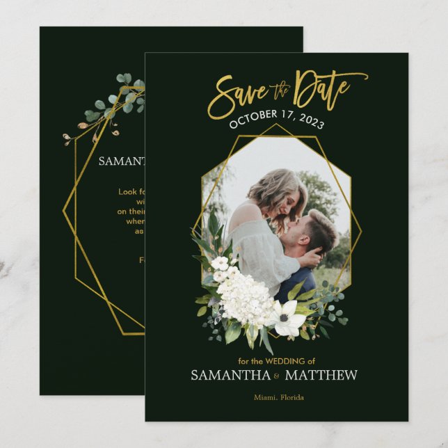 Elegant White Floral Gold Black Geometric Photo Save The Date (Front/Back)