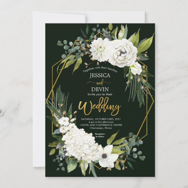 Elegant White Floral Gold Frame Wedding Invitation (Front)