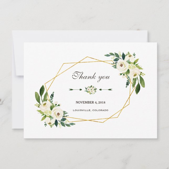 Elegant White Floral Gold Frame Wedding Thank you Card (Front)