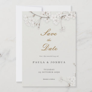 Elegant White Floral Gold Script Save the Date