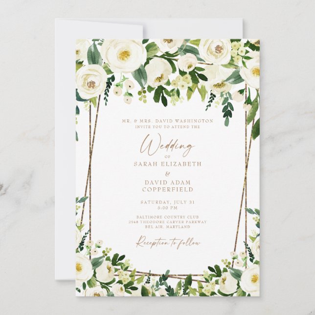 Elegant White Floral & Gold Wedding Invitation (Front)