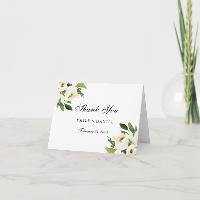 Elegant White Floral Green Leaf Thank You Card (Front)