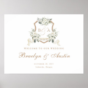 Elegant White Floral Greenery Crest Welcome Sign