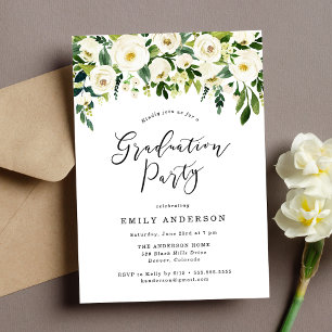 Elegant White Floral Greenery Graduation Party Invitation