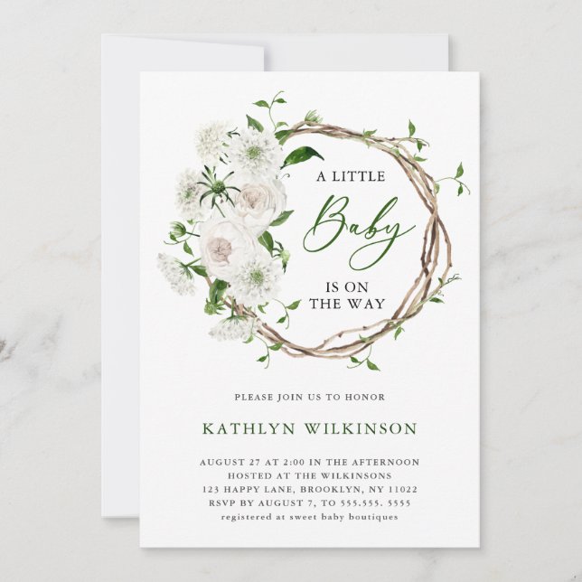 Elegant White Floral Greenery Simple Baby Shower Invitation (Front)