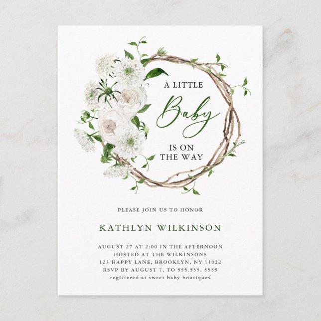 Elegant White Floral Greenery Simple Baby Shower Invitation Postcard (Front)