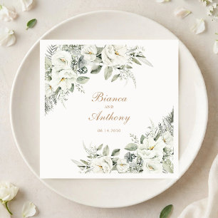 Elegant White Floral Greenery Wedding Napkin