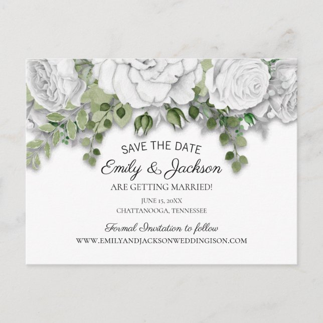 Elegant White Floral Greenery Wedding Save Date Postcard (Front)