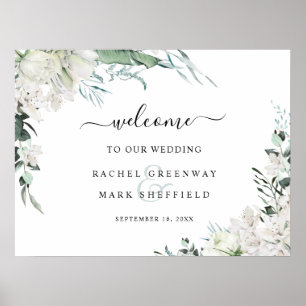 Elegant White Floral Greenery Wedding Welcome Poster