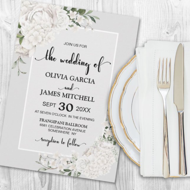 Elegant White Floral Grey Wedding Invitation (Creator Uploaded)
