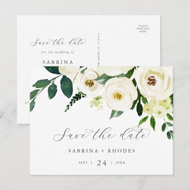 Elegant White Floral Horizontal Save the Date Invitation Postcard (Front/Back)