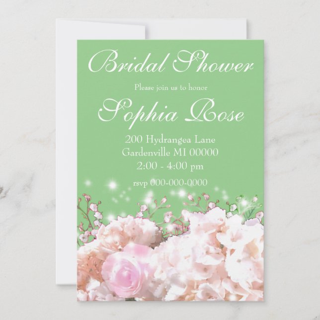 Elegant white floral hydrangeas bridal shower invitation (Front)
