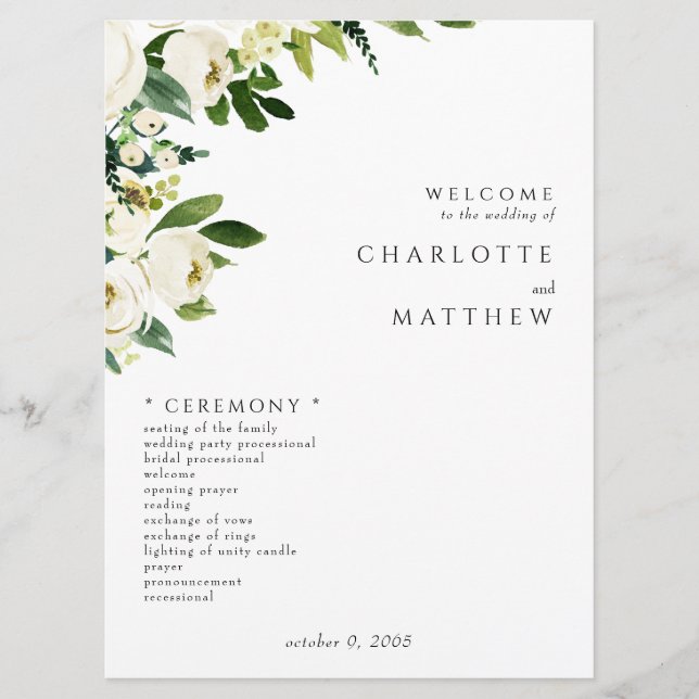 Elegant White Floral III Wedding Program (Front)