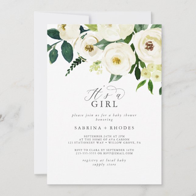 Elegant White Floral It's A Girl Baby Shower Invitation (Front)