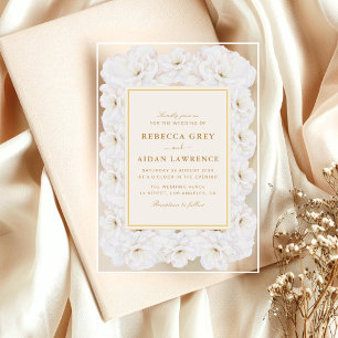 Elegant White Floral Ivory Gold Border Wedding Acrylic Invitations