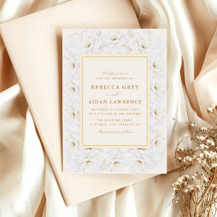 Elegant White Floral Ivory Gold Border Wedding Invitation