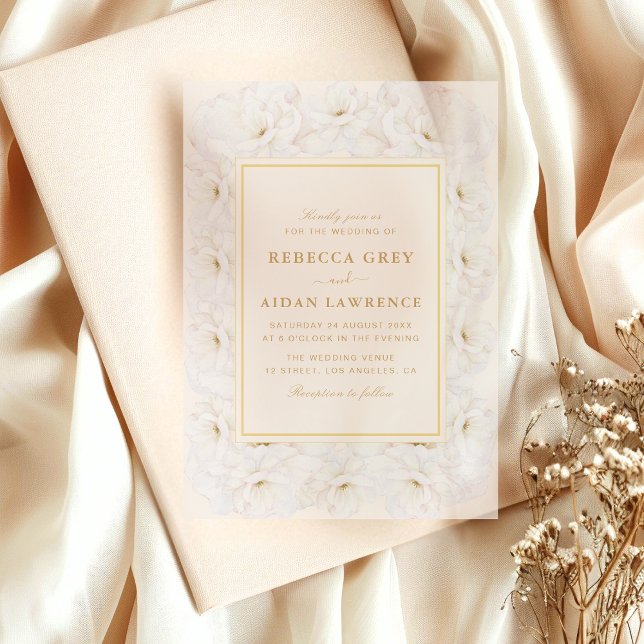 Elegant White Floral Ivory Gold Border Wedding Vellum Invitations (Creator Uploaded)