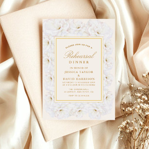 Elegant White Floral Ivory Gold rehearsal dinner  Invitation