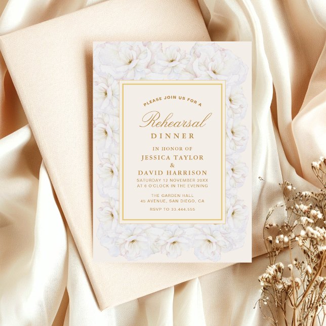 Elegant White Floral Ivory Gold rehearsal dinner  Invitation (Creator Uploaded)