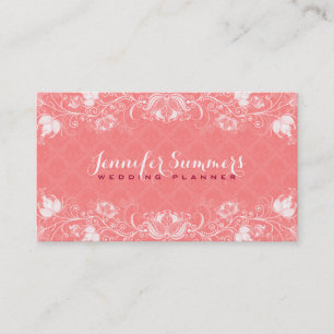 Elegant White Floral Lace Over Coral Damasks Business Card