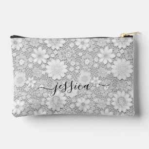 Elegant white floral lace pattern script name accessory pouch