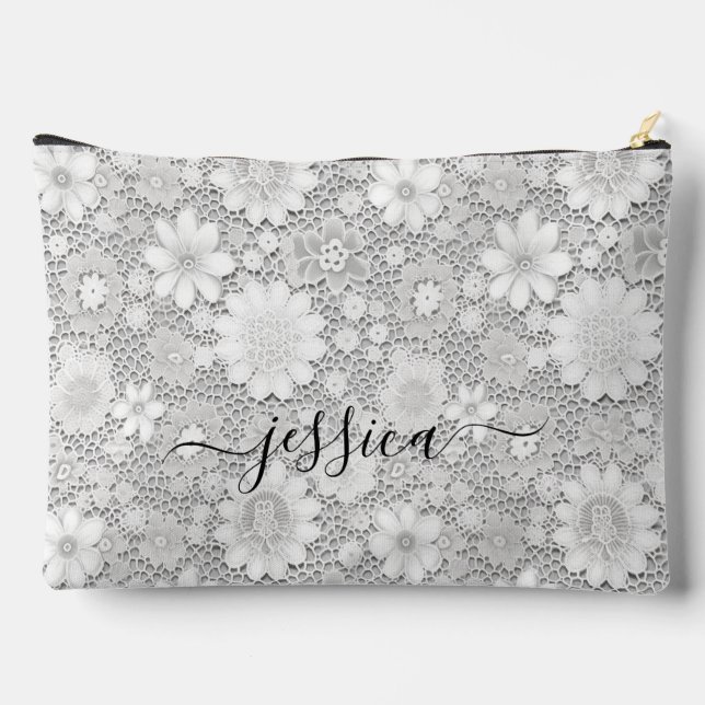 Elegant white floral lace pattern script name accessory pouch (Back)
