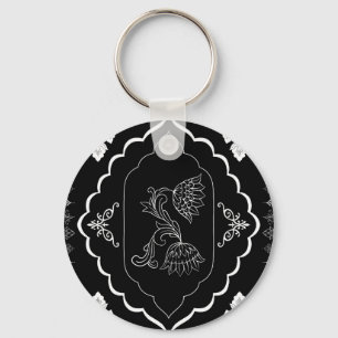 Elegant White Floral Line Art on Black Keychain
