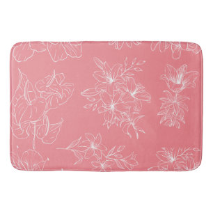 Elegant White Floral Line Art on Coral Pink – Mode Bath Mat