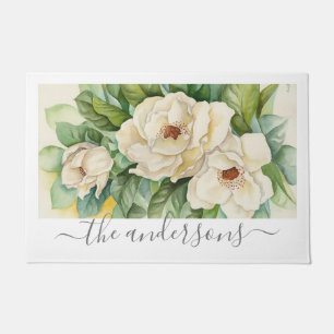 Elegant White Floral Magnolia Flowers Script Name Doormat