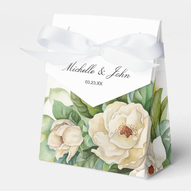 Elegant White Floral Magnolia Name Script Favor Box (Front Side)