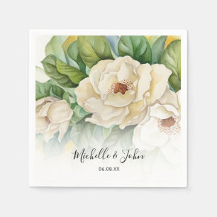 Elegant White Floral Magnolia Name Script Wedding Napkin
