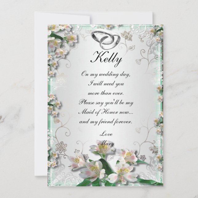 Elegant White Floral Maid Of Honour Card (Front)