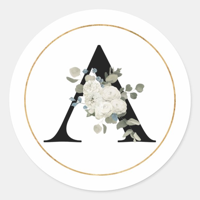Elegant White Floral Monogram Letter A on White Classic Round Sticker (Front)