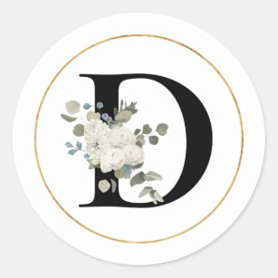 Elegant White Floral Monogram Letter D on White  Classic Round Sticker