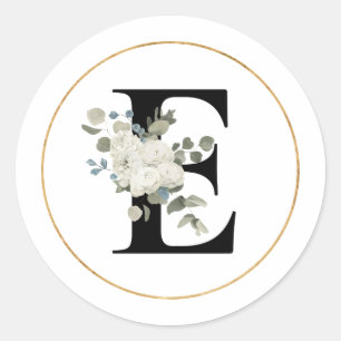 Elegant White Floral Monogram Letter E on White Classic Round Sticker