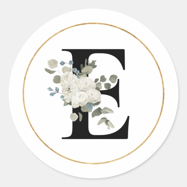 Elegant White Floral Monogram Letter E on White Classic Round Sticker (Front)