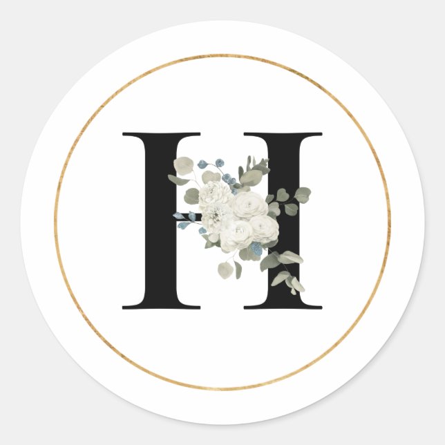 Elegant White Floral Monogram Letter H on White Classic Round Sticker (Front)