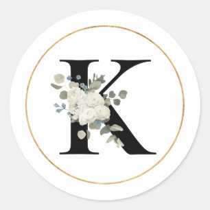Elegant White Floral Monogram Letter K on White  Classic Round Sticker