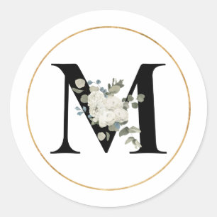 Elegant White Floral Monogram Letter M on White  Classic Round Sticker