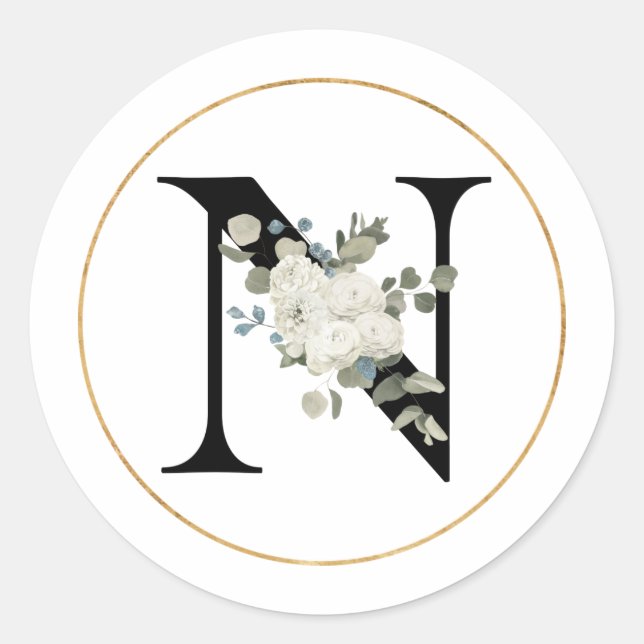 Elegant White Floral Monogram Letter N on White Classic Round Sticker (Front)