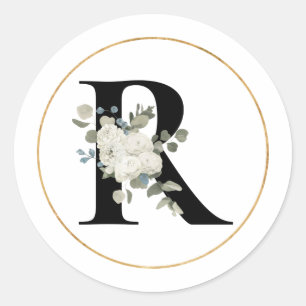 Elegant White Floral Monogram Letter R on White   Classic Round Sticker