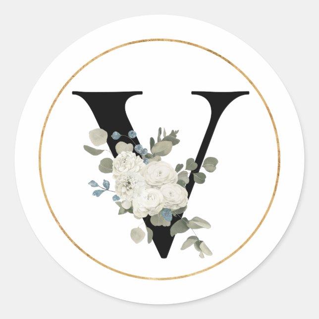 Elegant White Floral Monogram Letter V on White Classic Round Sticker (Front)