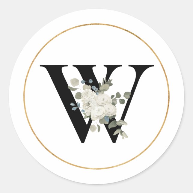 Elegant White Floral Monogram Letter W on White Classic Round Sticker (Front)